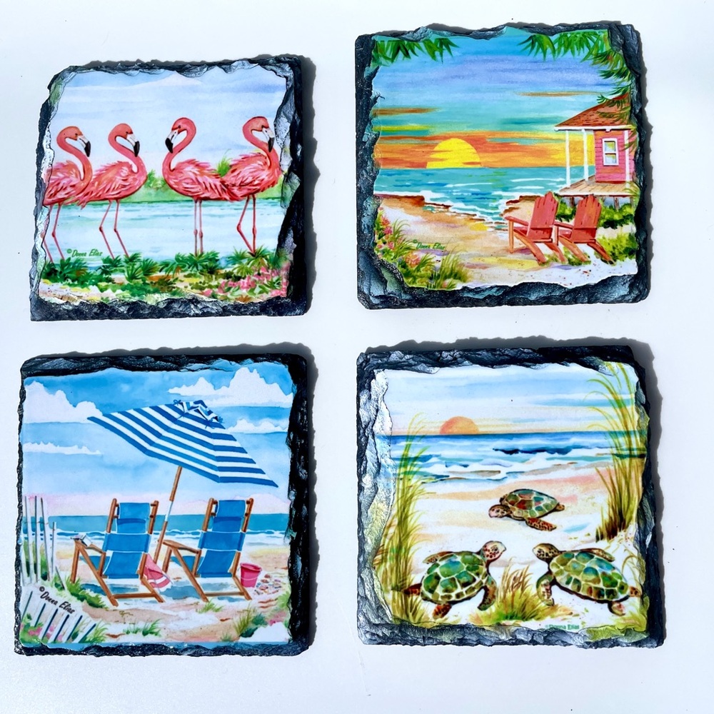 Local Fl Artist Signed Coastal Scene Coasters - Set of 4 Multicolor NWT